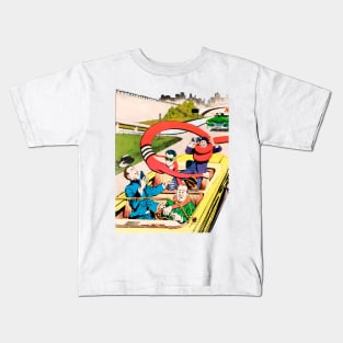 flexible and elastic superhero capturing evildoers retro vintage comic Kids T-Shirt